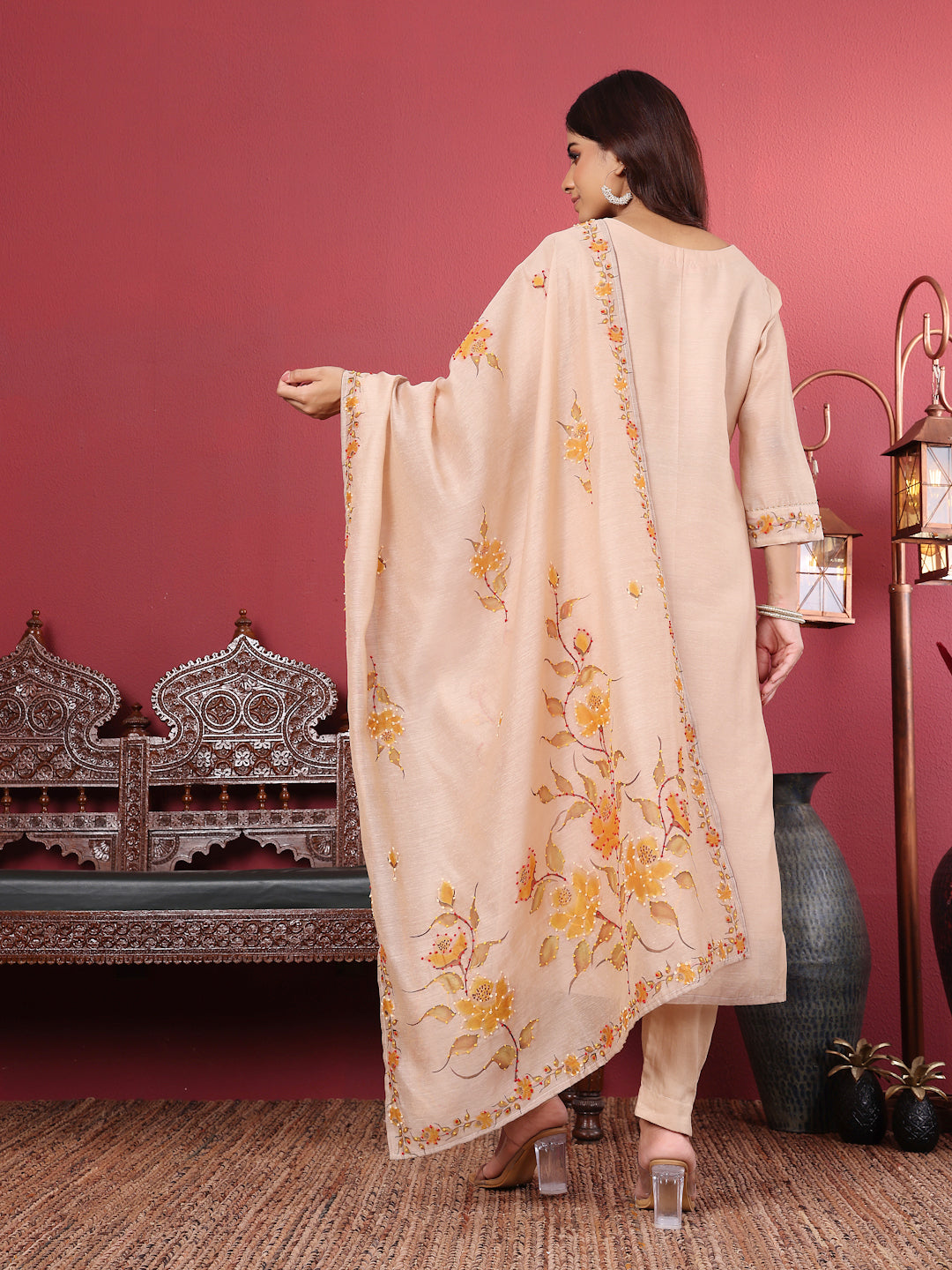 Dhiyona VR Women's Beige Pure Hand Kantha Embroidered Kurta Set With Dupatta