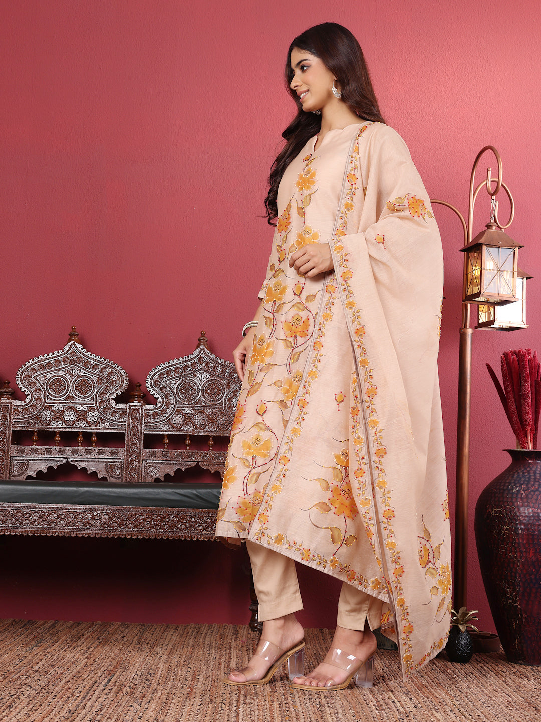 Dhiyona VR Women's Beige Pure Hand Kantha Embroidered Kurta Set With Dupatta