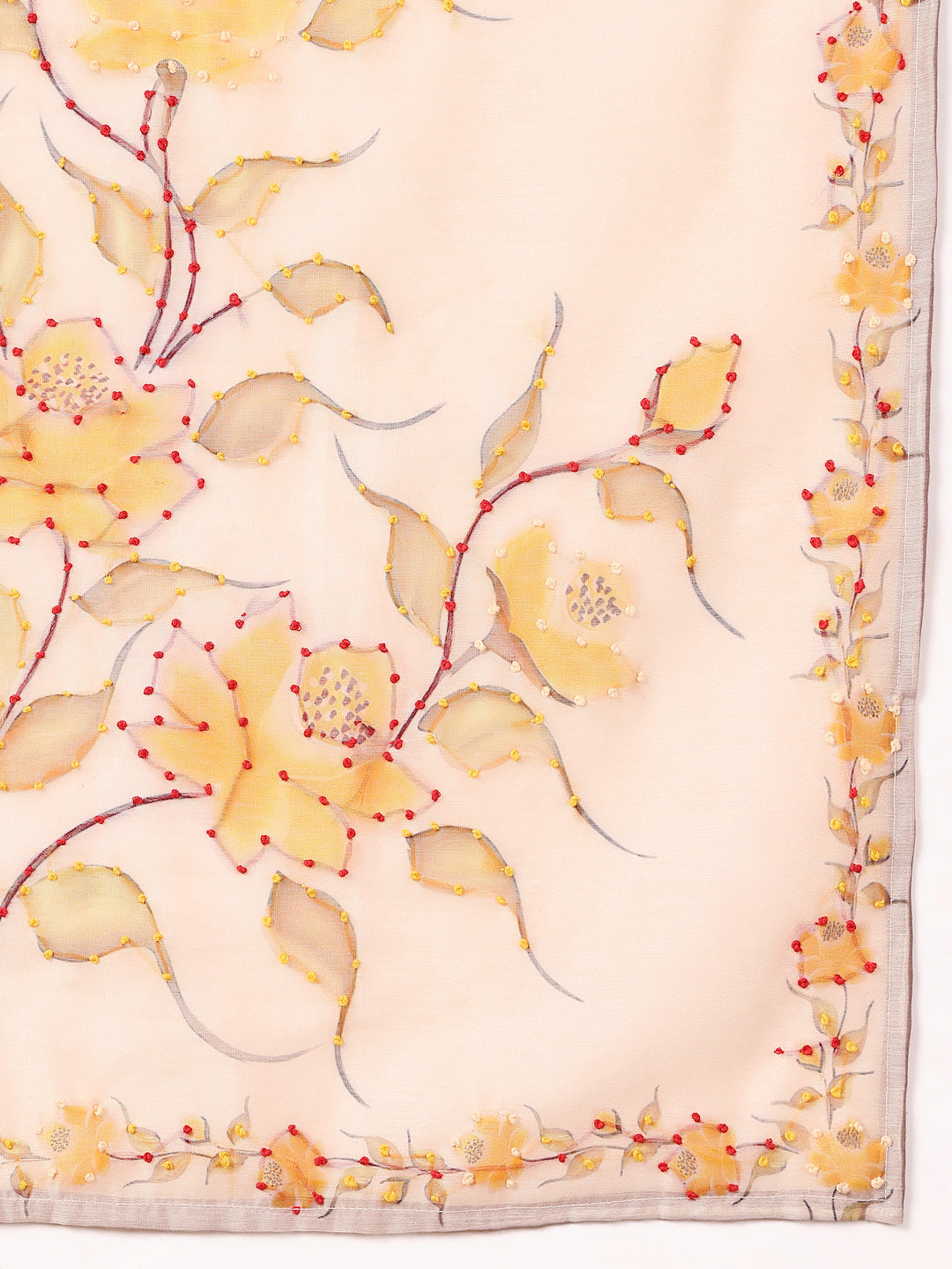 Dhiyona VR Women's Beige Pure Hand Kantha Embroidered Kurta Set With Dupatta