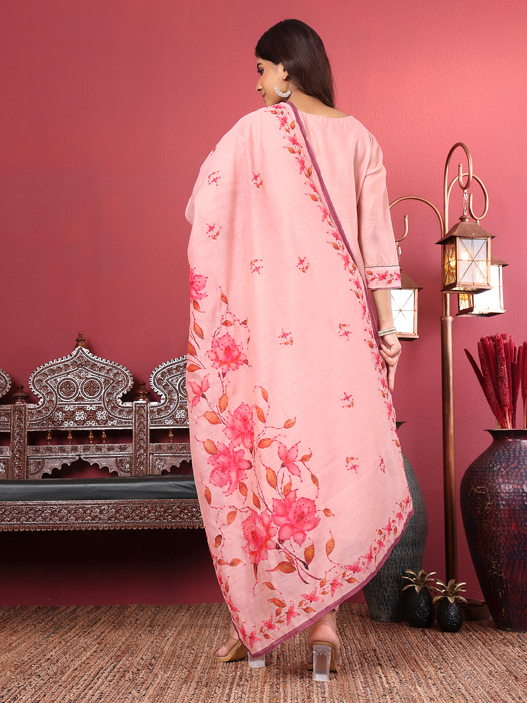 Dhiyona VR Women's Silk Kantha Hand Embroidered Kurta Set With Embroidered Dupatta