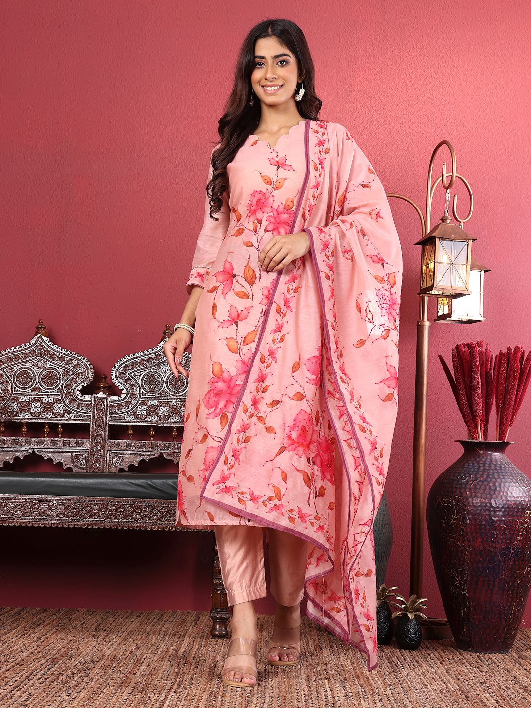 Dhiyona VR Women's Silk Kantha Hand Embroidered Kurta Set With Embroidered Dupatta