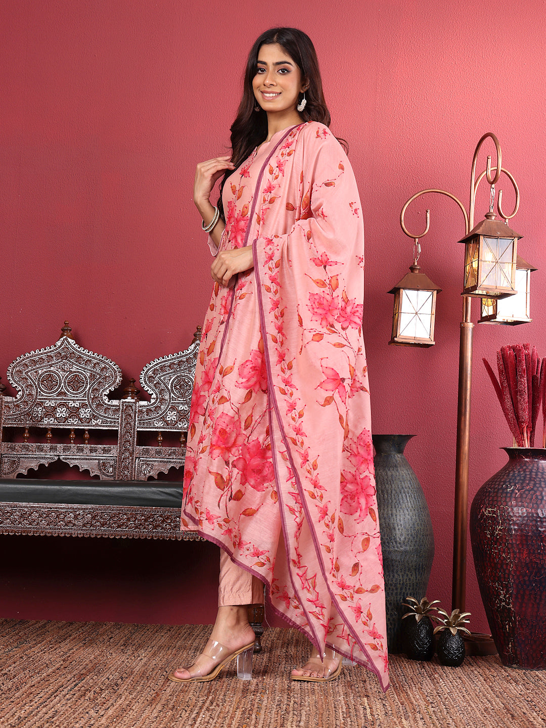 Dhiyona VR Women's Silk Kantha Hand Embroidered Kurta Set With Embroidered Dupatta