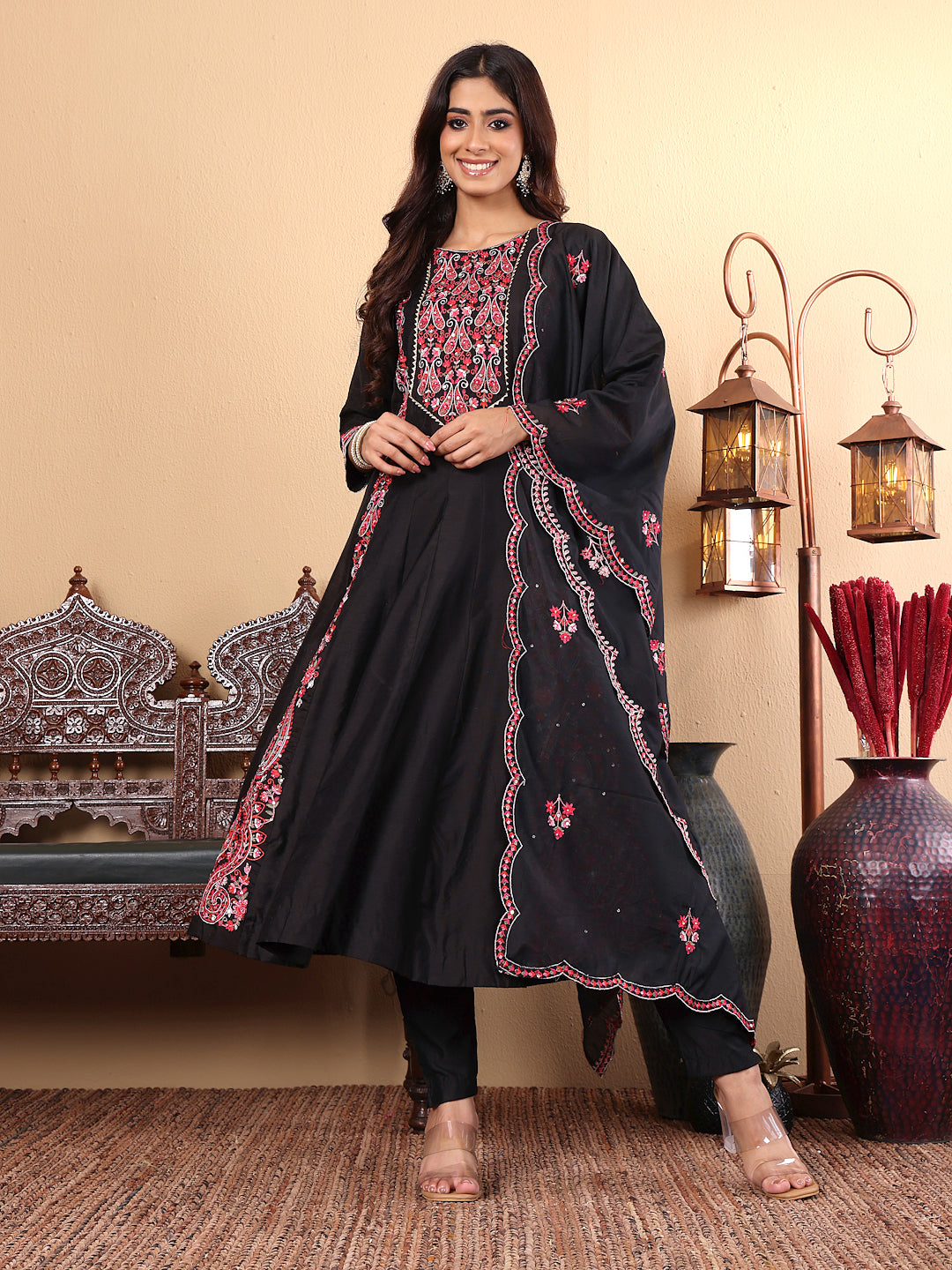 Dhiyona VR Women's Pure Black Hand Embroidered Kurta Set With Dupatta