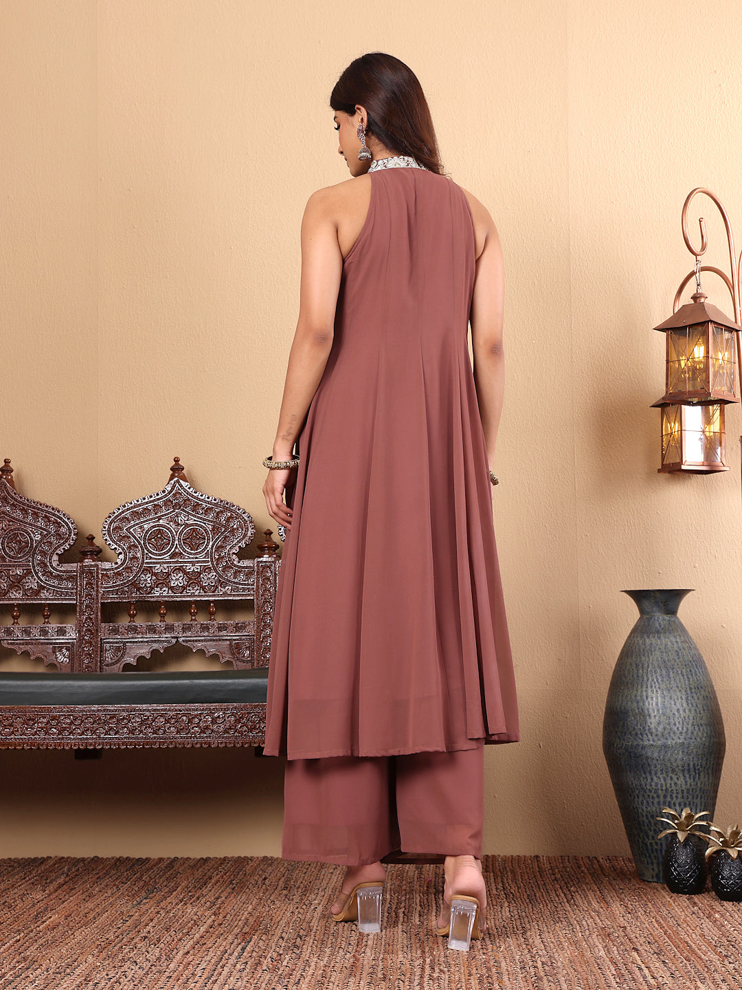 Dhiyona VR Women's Nude Yoke Embroidered Sleeveless Flared Kurta With Trousers
