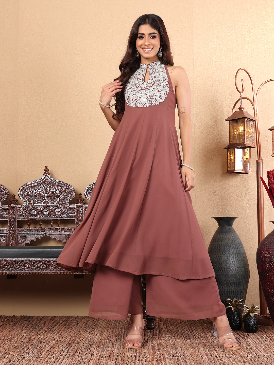 Dhiyona VR Women's Nude Yoke Embroidered Sleeveless Flared Kurta With Trousers