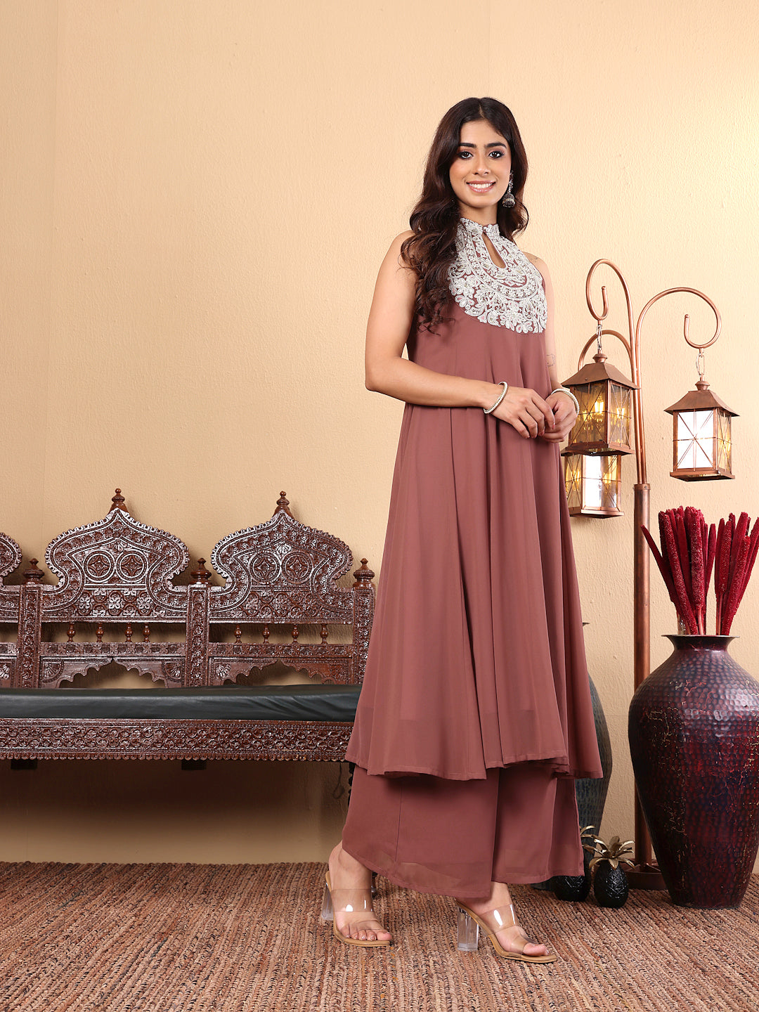 Dhiyona VR Women's Nude Yoke Embroidered Sleeveless Flared Kurta With Trousers