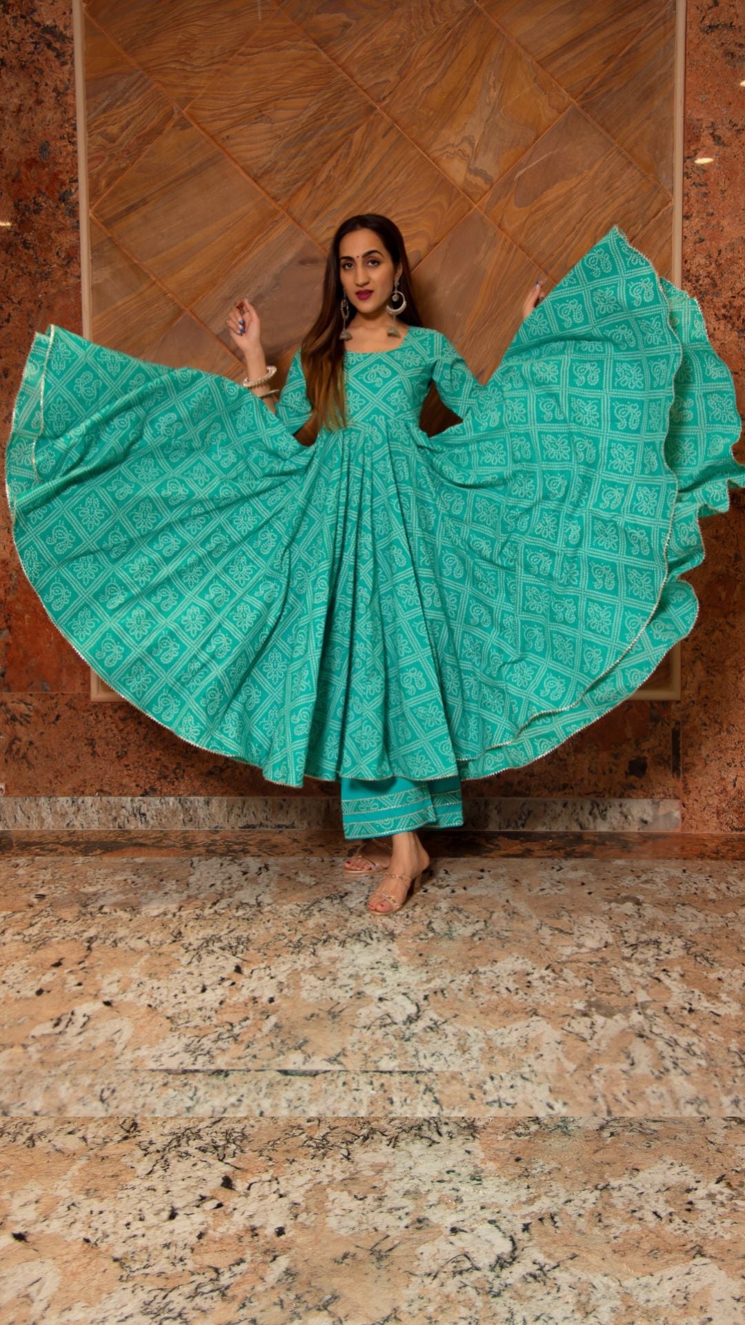 Bandhej Tiffany Blue Cotton Anarkali Set