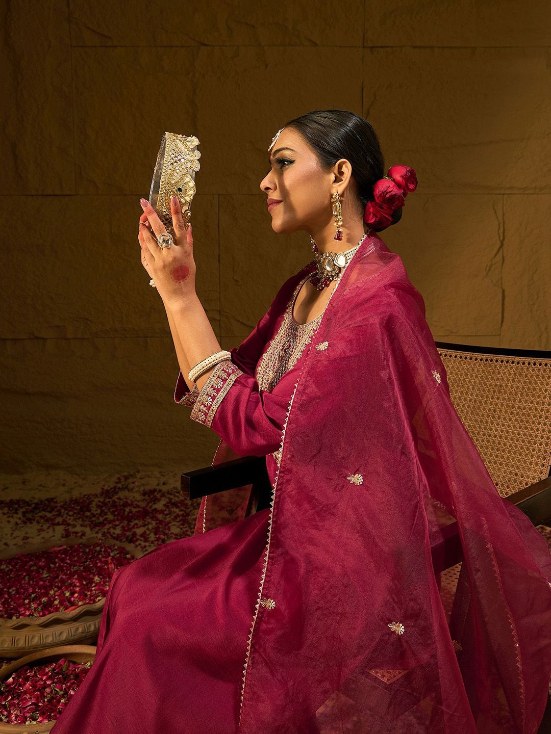 Maroon Ethnic Motifs Embroidered Straight Zari Kurta With Trousers & Dupatta