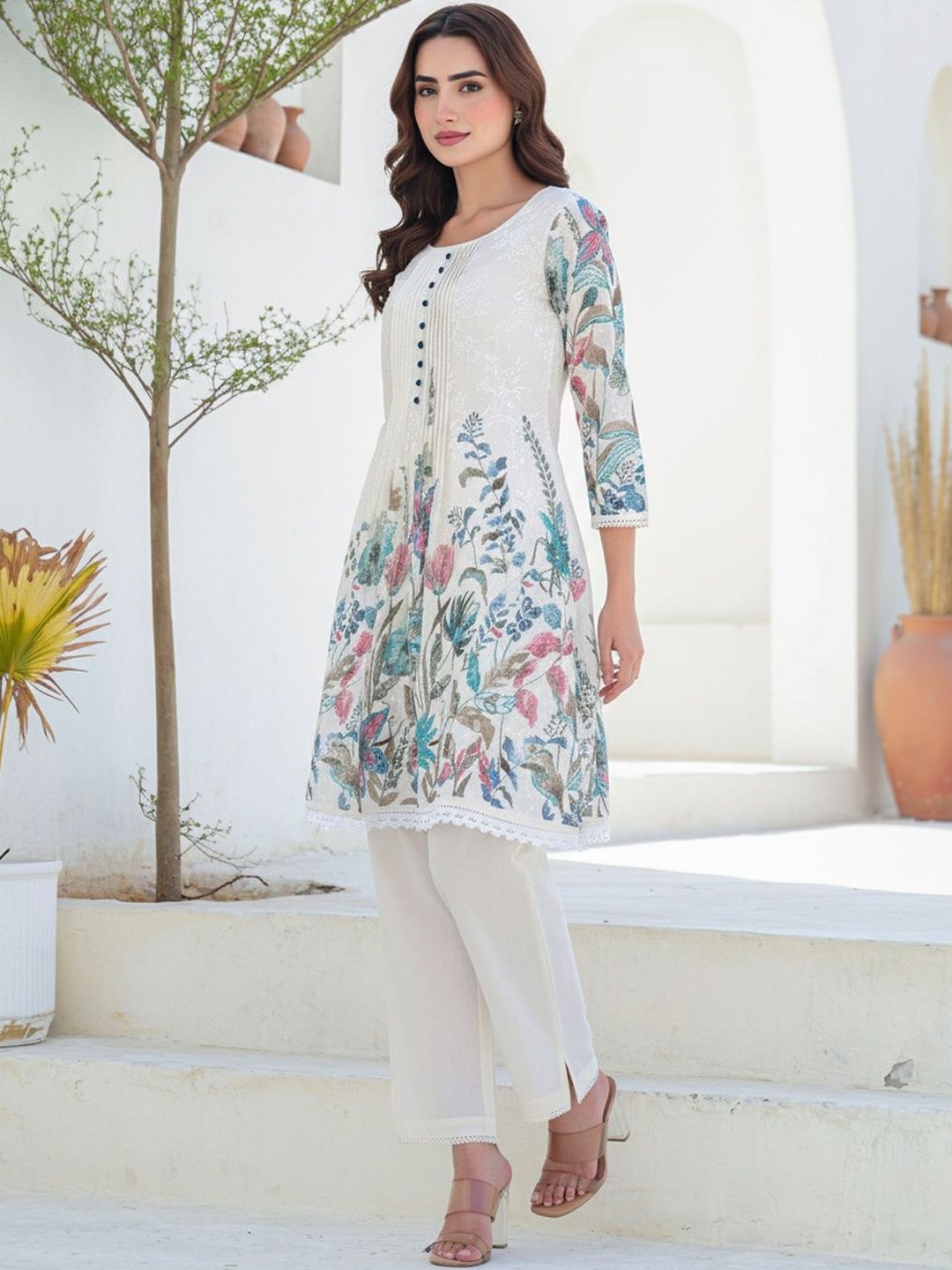Women Floral Printed Pleated Thread Work Pure Cotton Kurta with Trousers