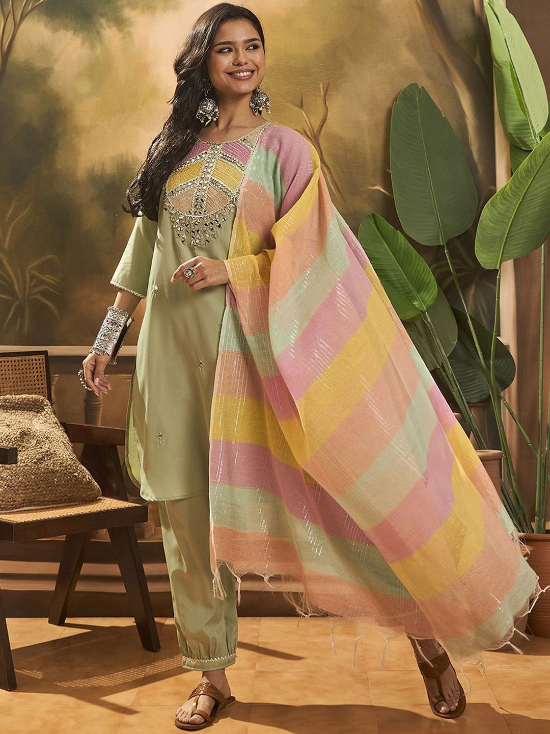 Dhiyona SN Women's Floral Embroidered Straight Kurta With Trouser & Dupatta