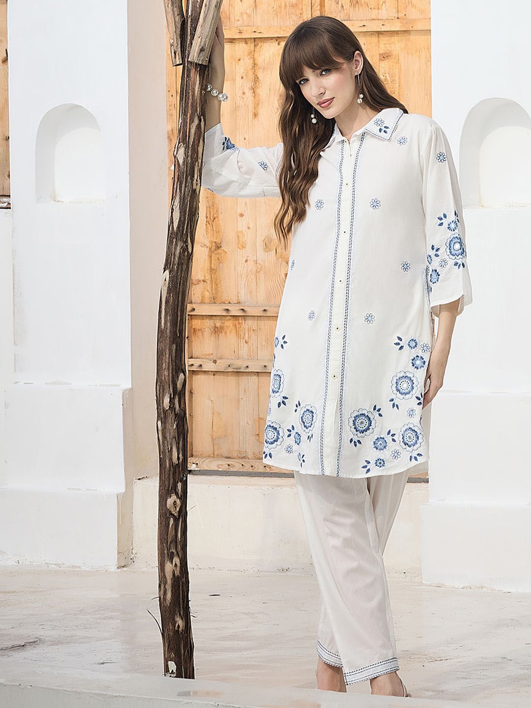 Dhiyona IE Floral Embroidered Pure Cotton Shirt Collar Tunic With Trousers