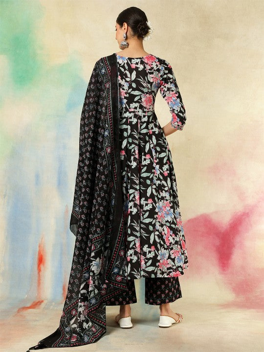 Women's Floral Printed V-Neck Anarkali Pure Cotton Kurta With Palazzos And Dupatta