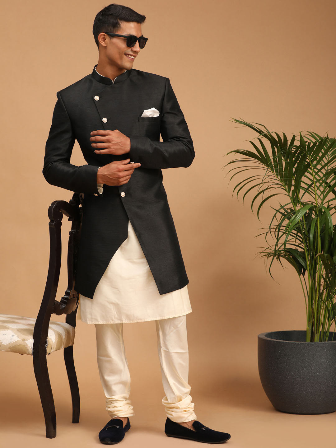 Men's Cream Viscose Straight Sherwani Set