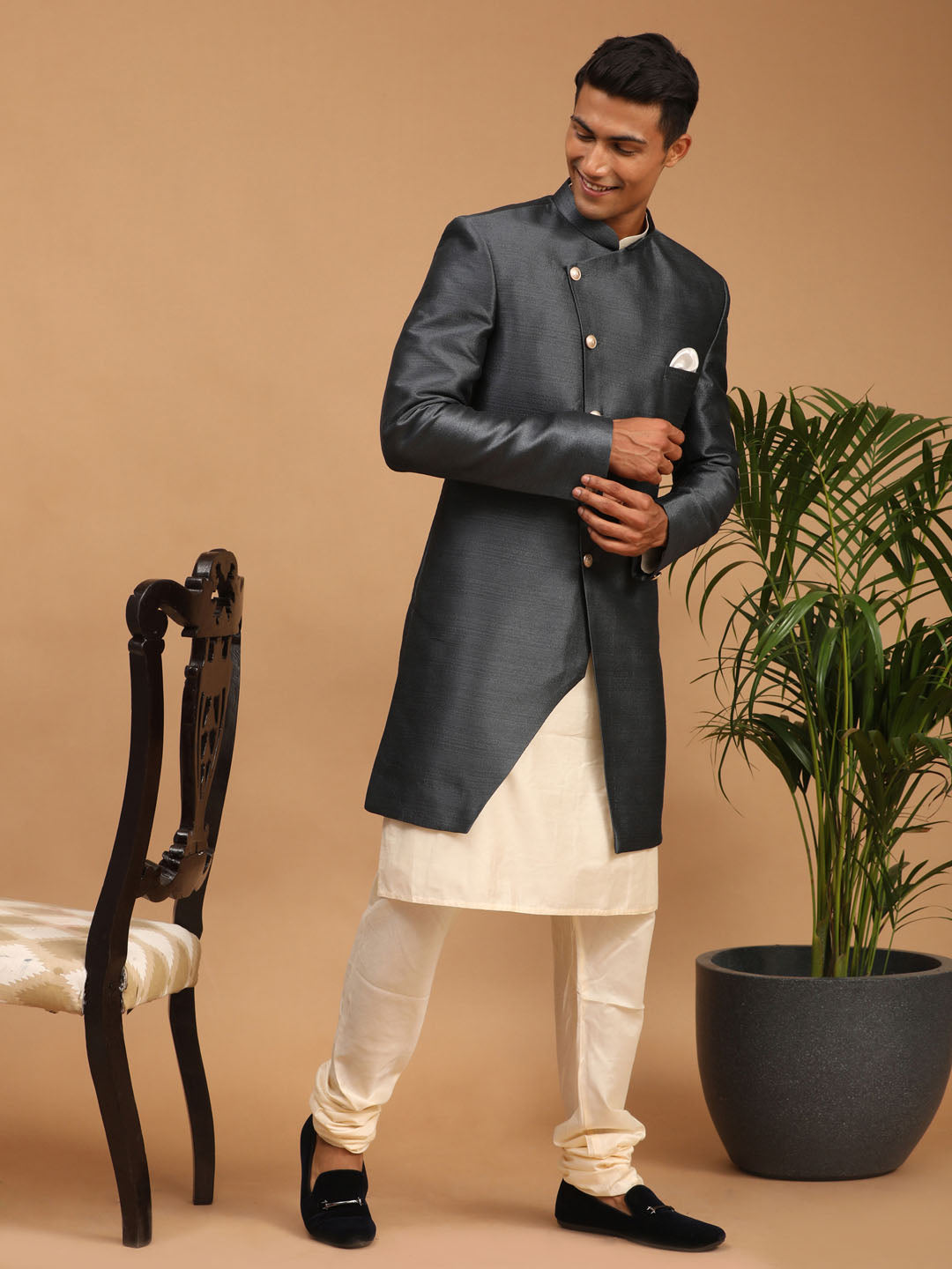 Men's Grey Viscose Straight Sherwani Set