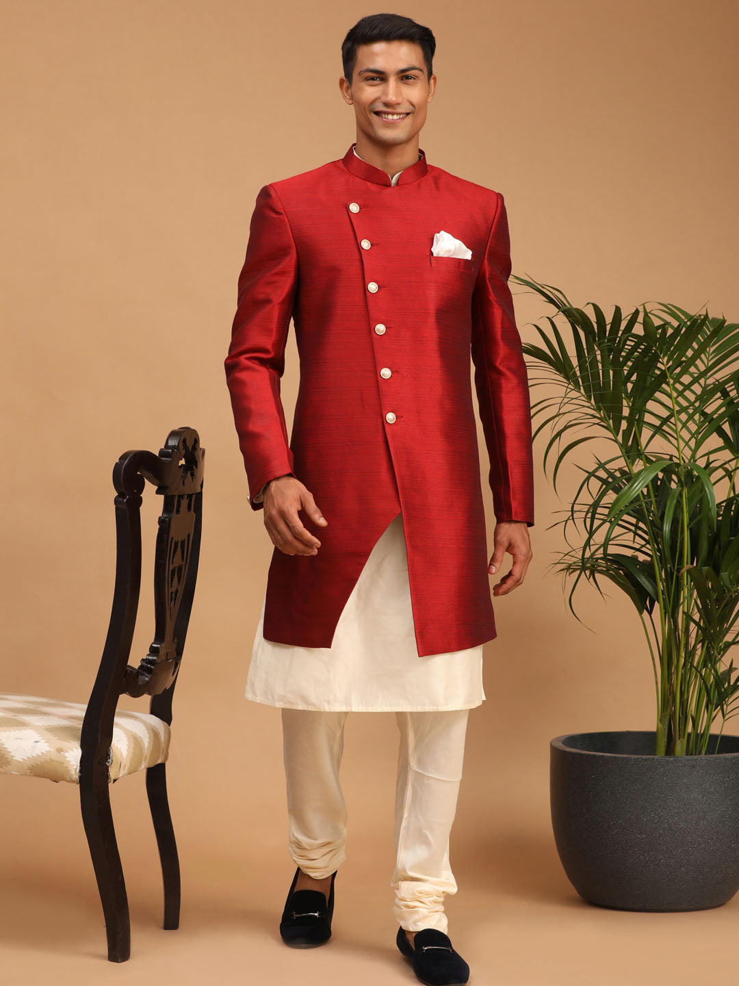 Men's Red Viscose Straight Sherwani Set