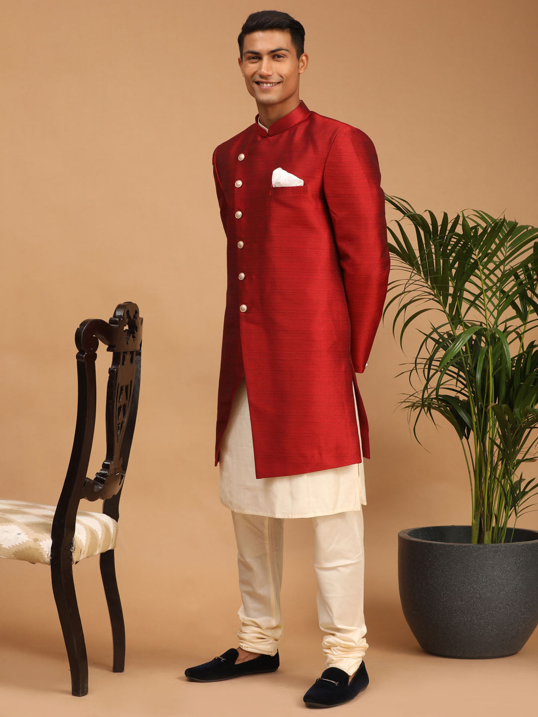 Men's Red Viscose Straight Sherwani Set
