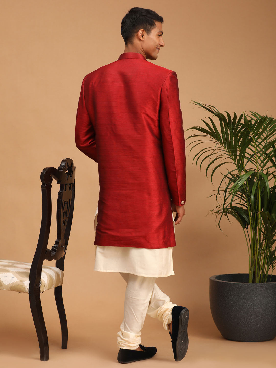 Men's Red Viscose Straight Sherwani Set
