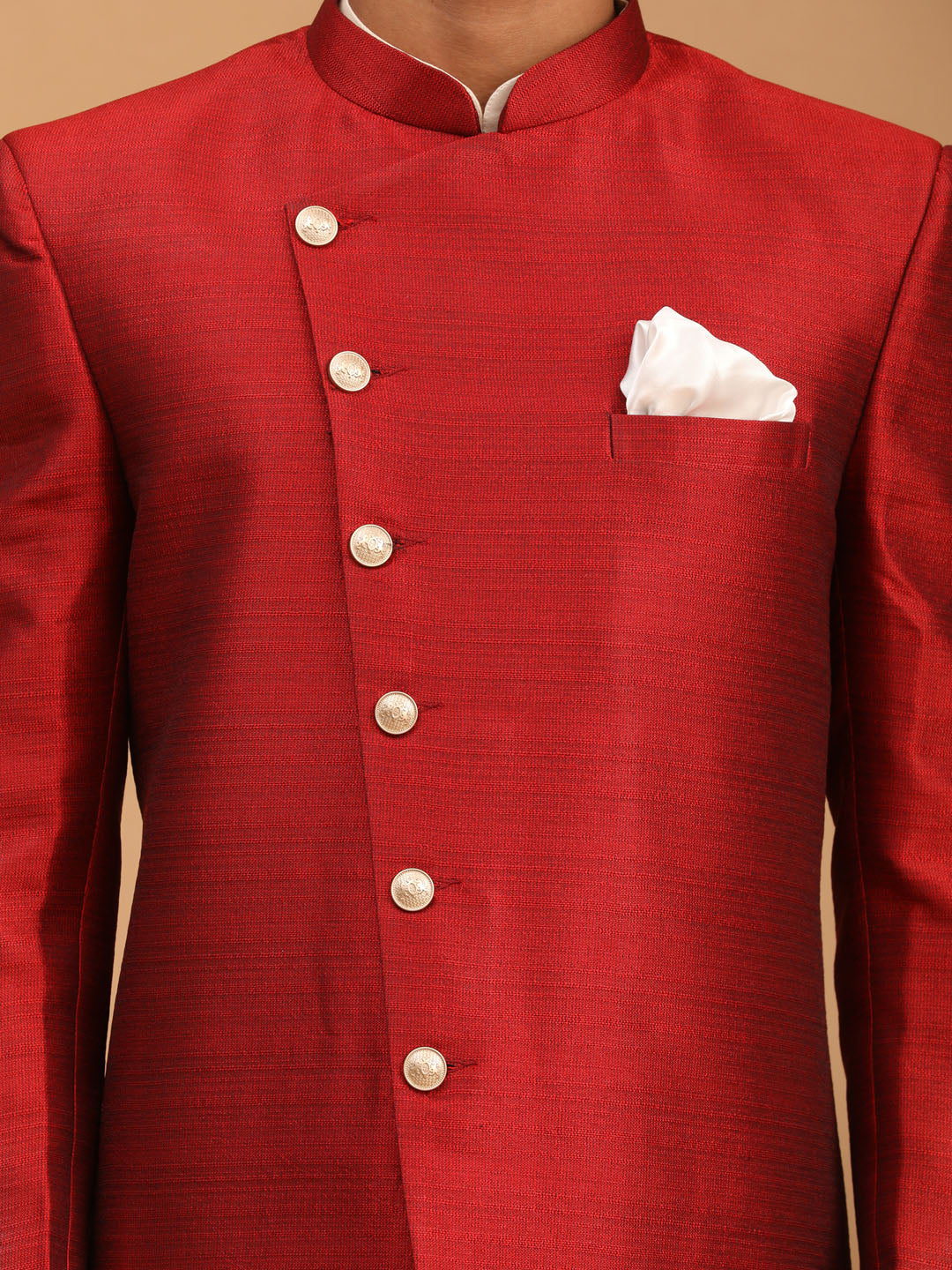Men's Red Viscose Straight Sherwani Set