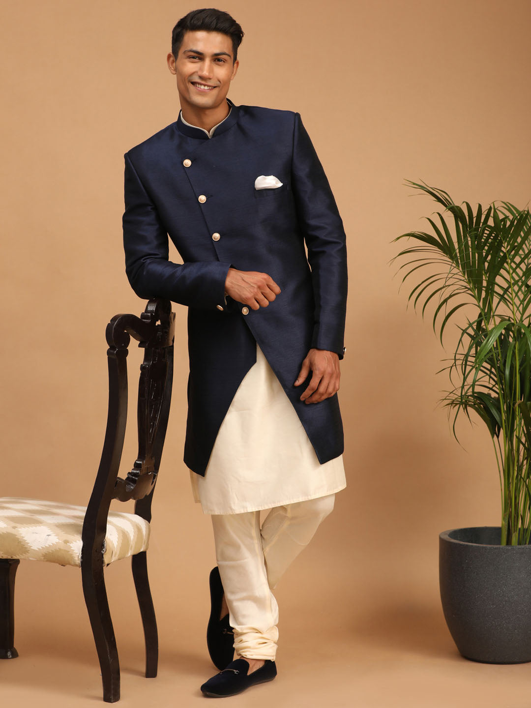 Men's Cream Viscose Straight Sherwani Set