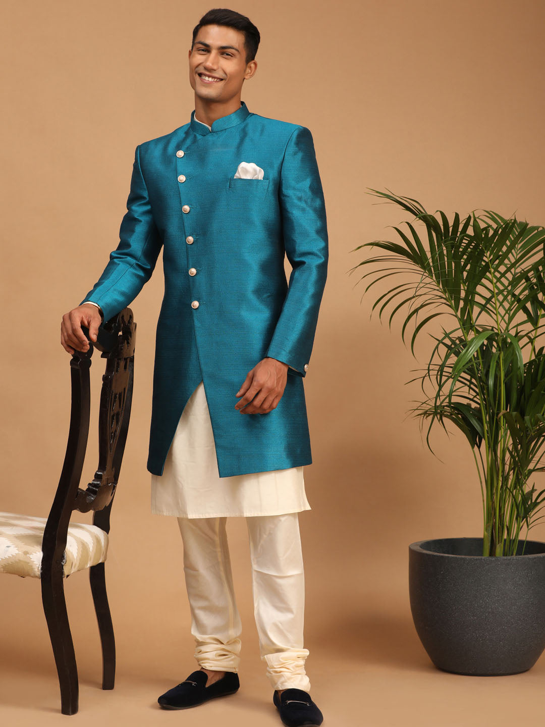 Men's Cream Viscose Straight Sherwani Set