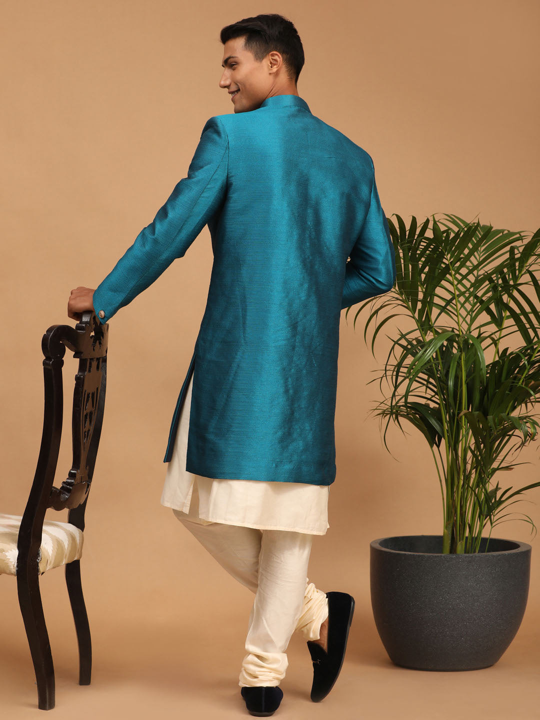 Men's Cream Viscose Straight Sherwani Set