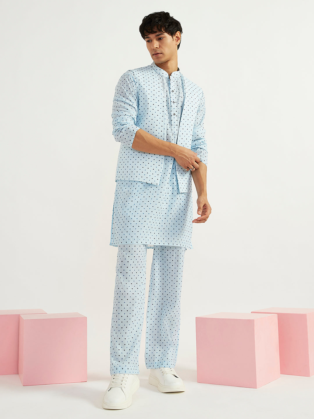 Men's Aqua Linen Straight Jacket Kurta And Pyjama Set.