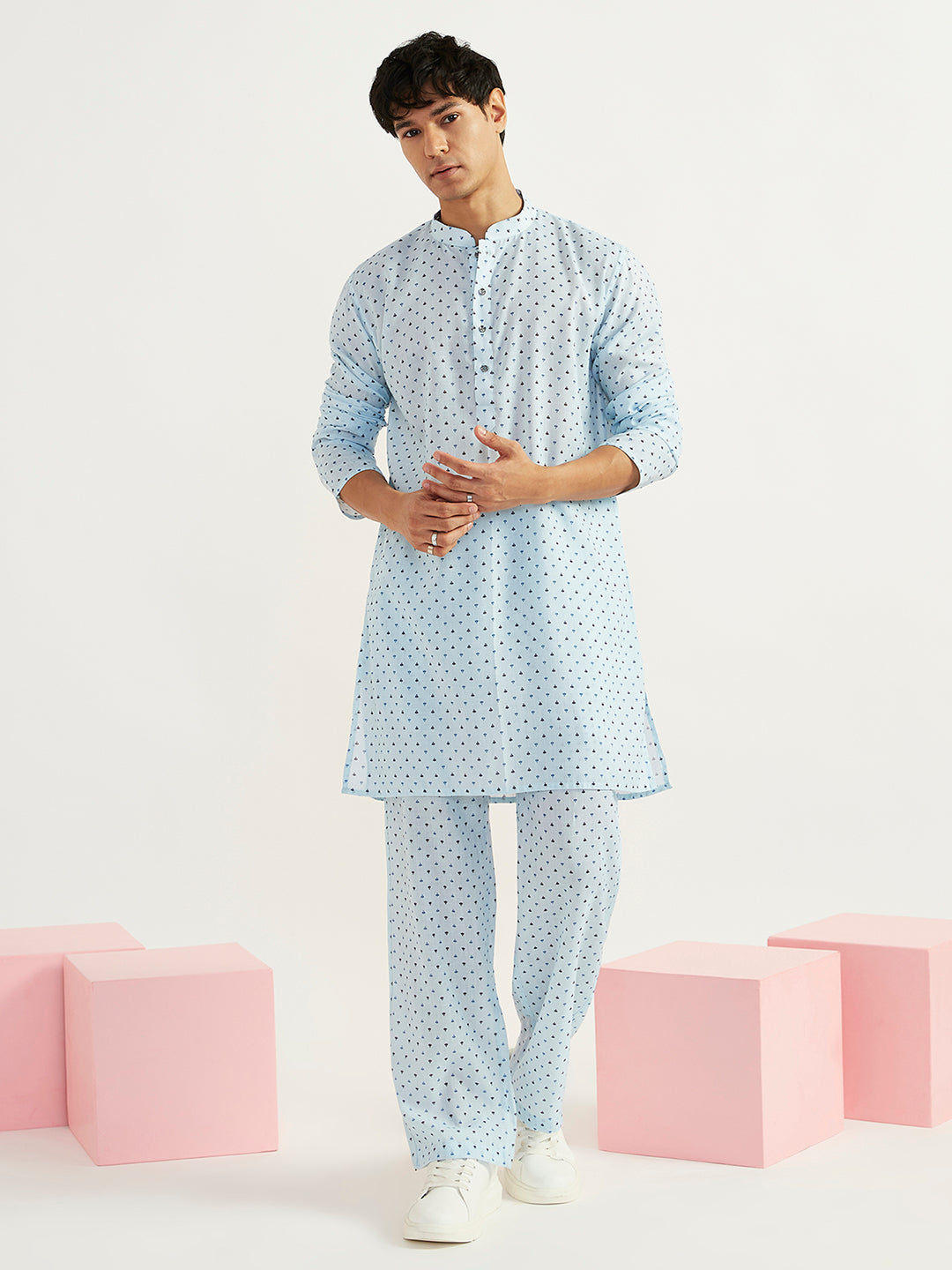 Men's Aqua Linen Straight Jacket Kurta And Pyjama Set.