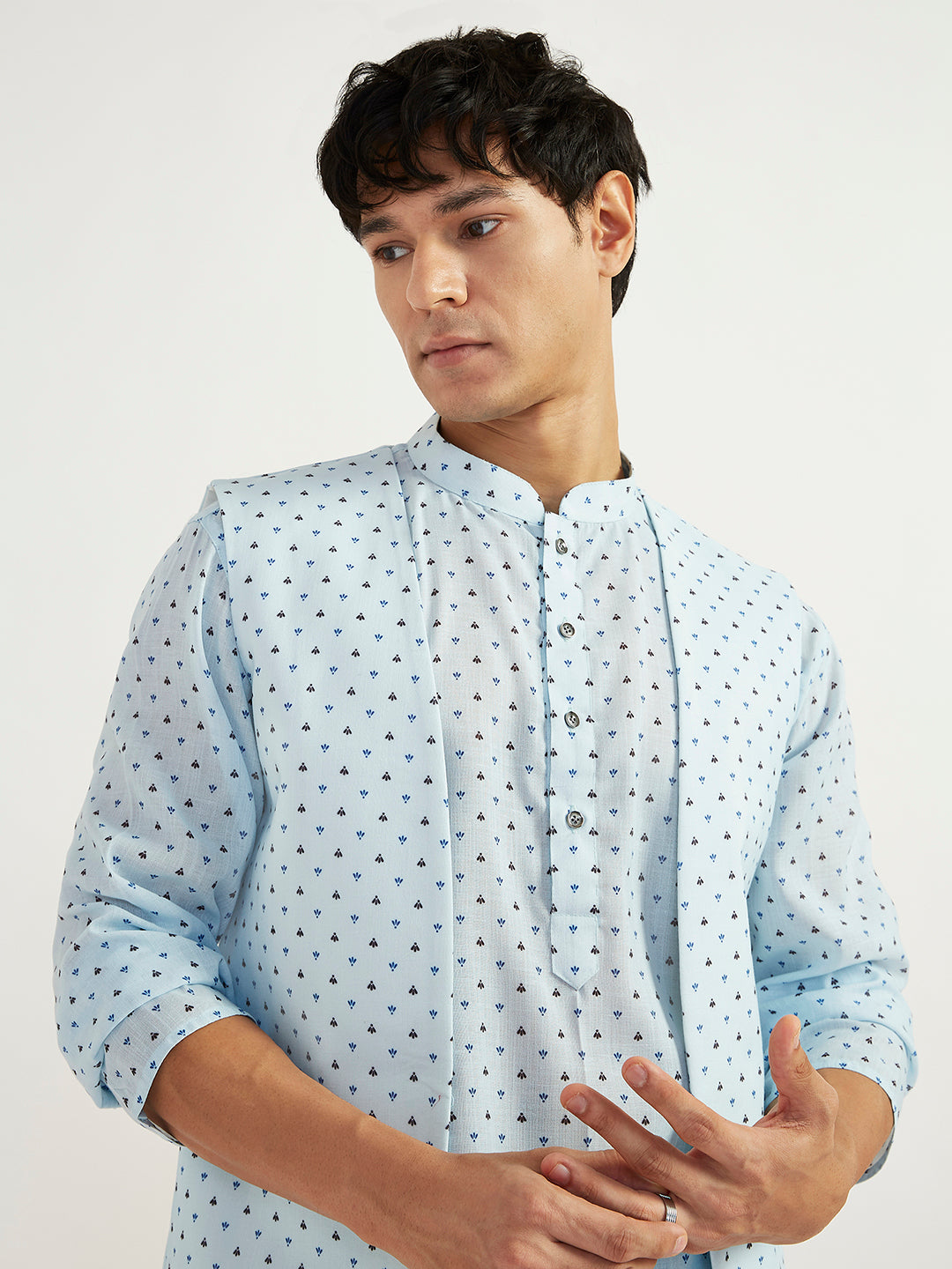 Men's Aqua Linen Straight Jacket Kurta And Pyjama Set.