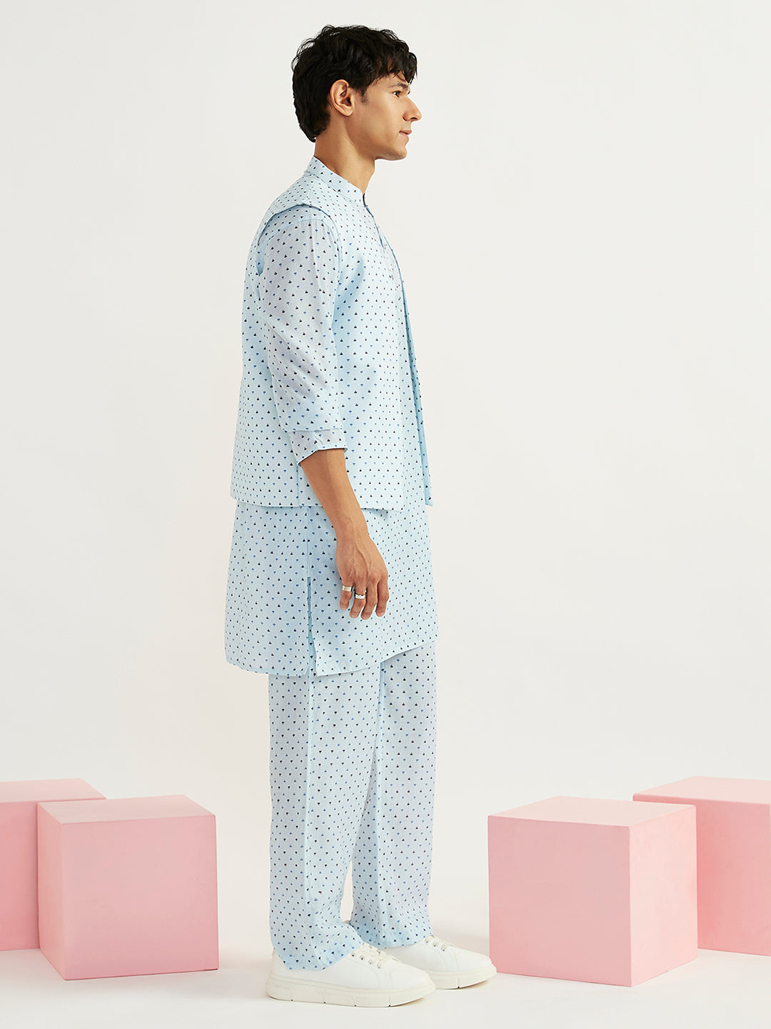 Men's Aqua Linen Straight Jacket Kurta And Pyjama Set.
