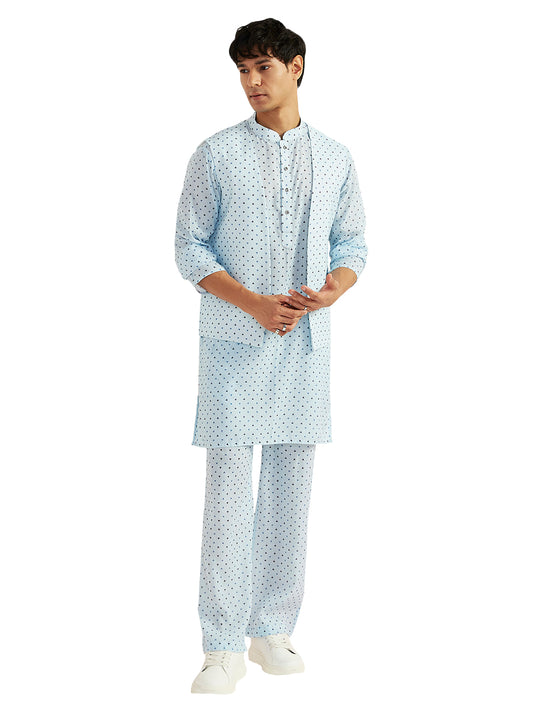 Men's Aqua Linen Straight Jacket Kurta And Pyjama Set.