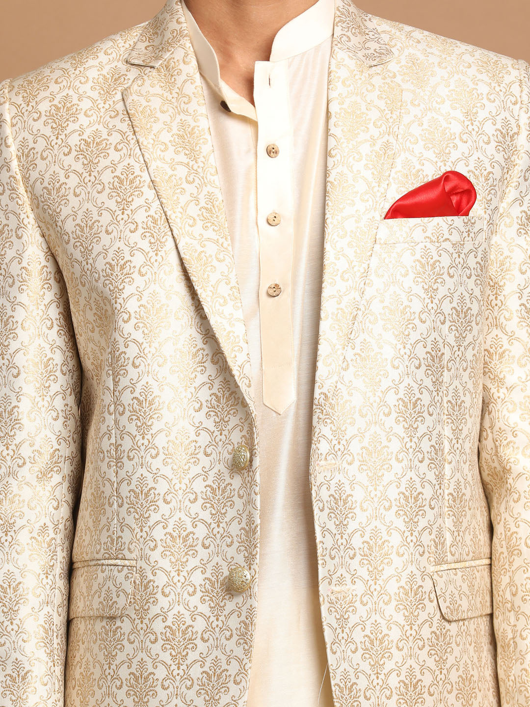 Men's Cream Viscose Straight Jacket Kurta and Pyjama Set