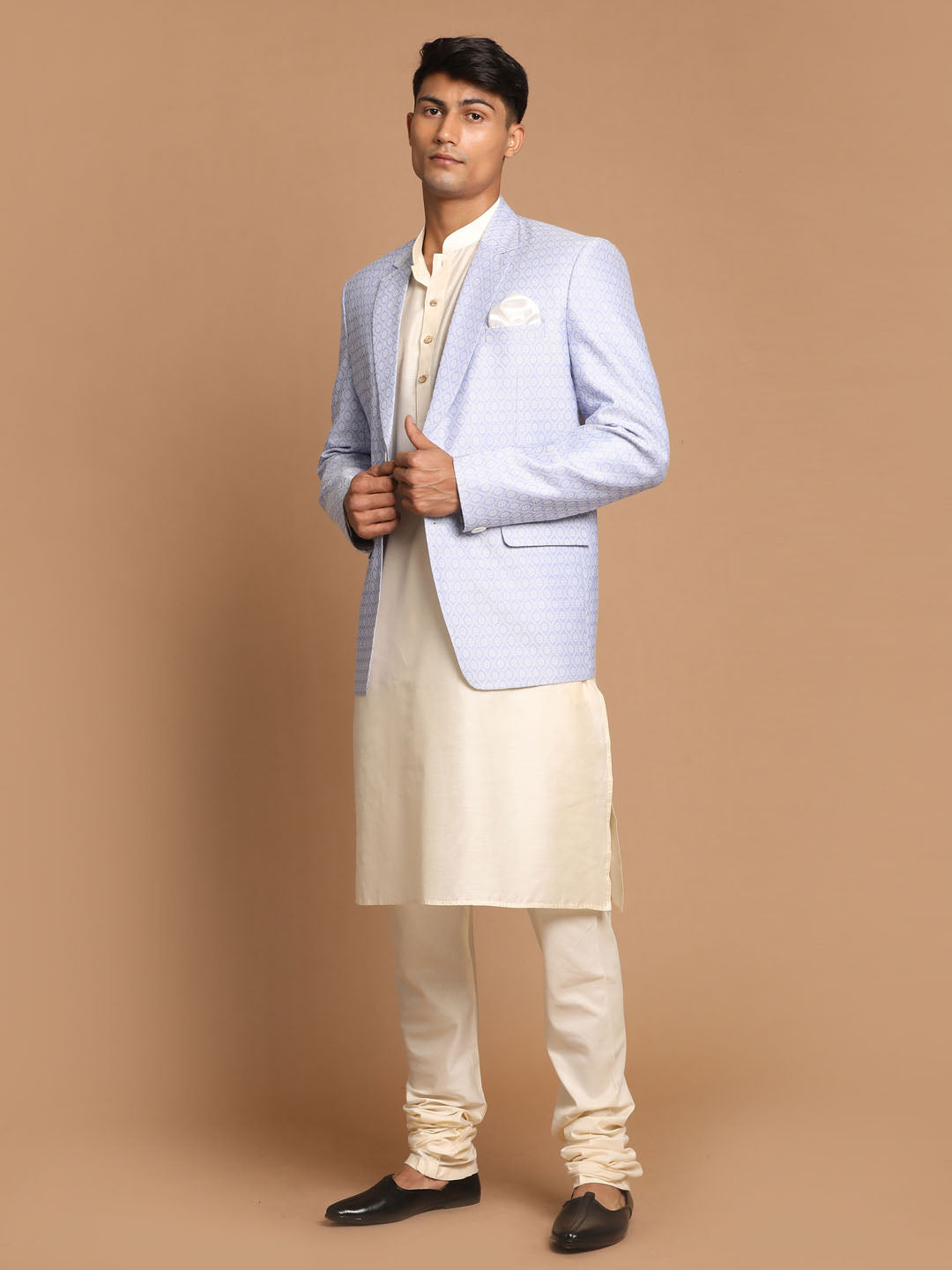 Men's Cream Viscose Straight Jacket Kurta and Pyjama Set