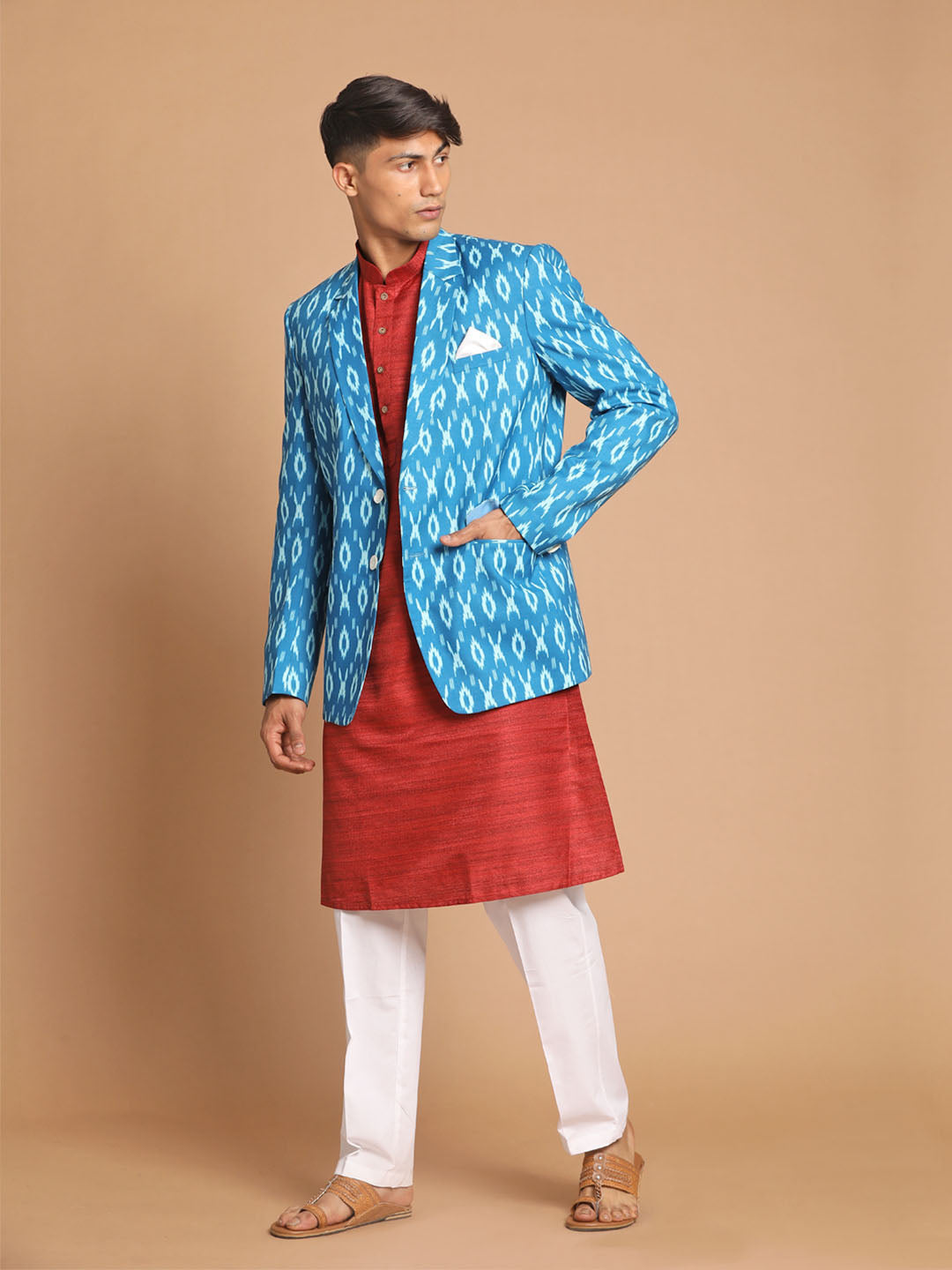 Men's Maroon Cotton Blend Straight Jacket Kurta and Pyjama Set