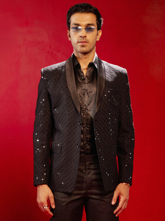 Men's Black Cotton Blend Straight Blazer