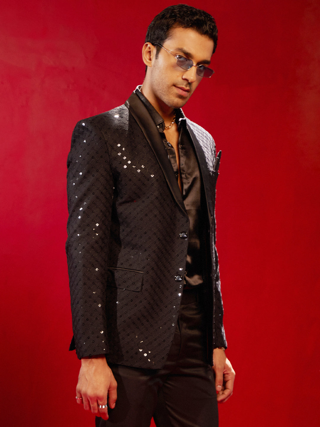 Men's Black Cotton Blend Straight Blazer