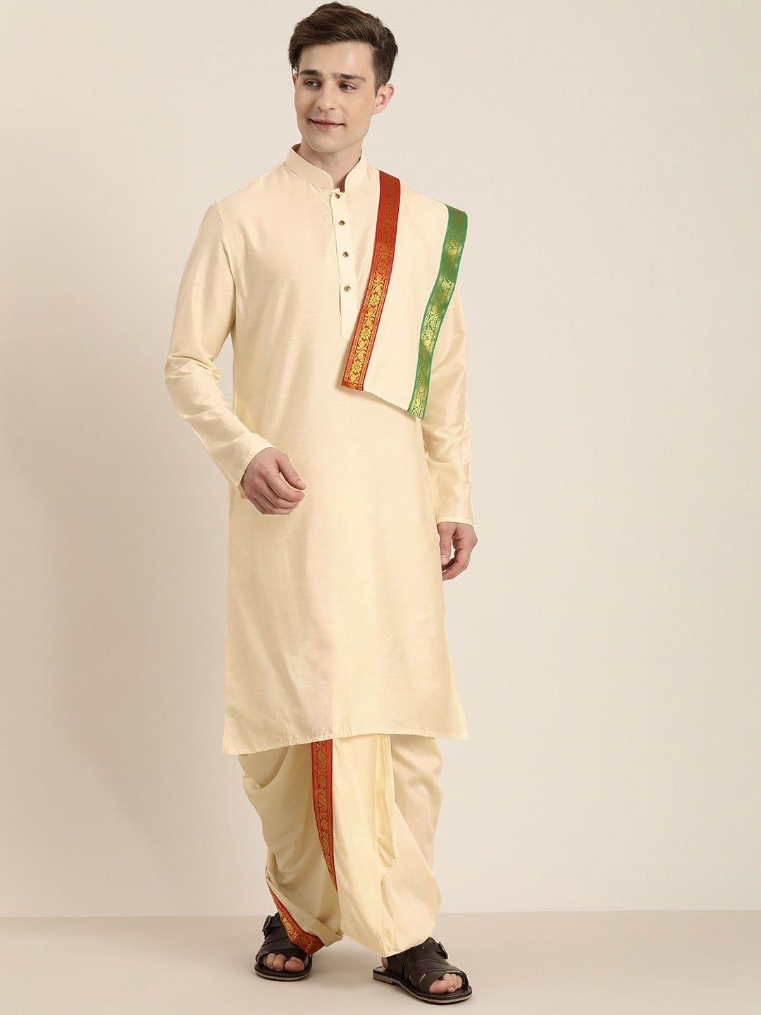 Men's Cream Viscose Straight Kurta Dhoti And Dupatta Set