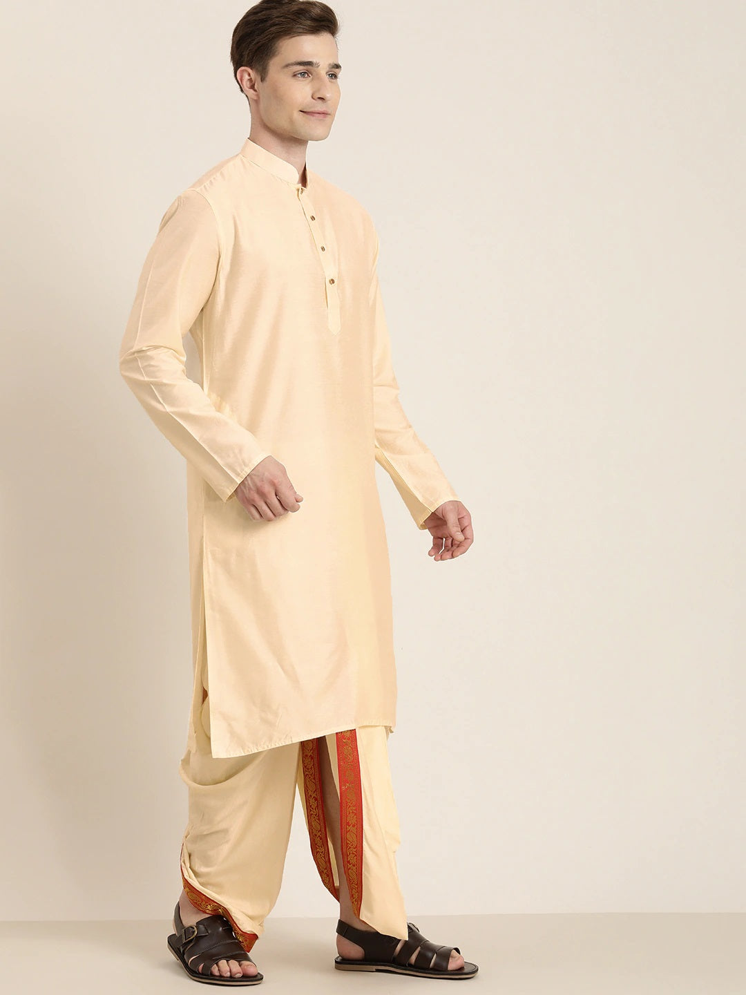 Men's Cream Viscose Straight Kurta Dhoti And Dupatta Set