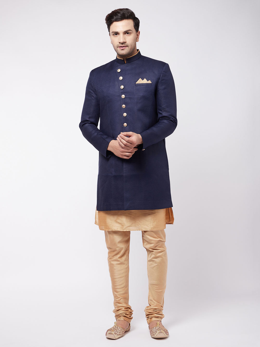 Men's Navy blue Silk Blend Angrakha Sherwani Set