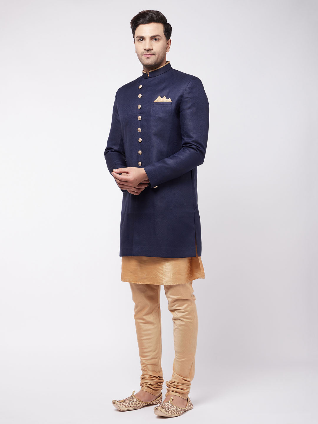 Men's Navy blue Silk Blend Angrakha Sherwani Set