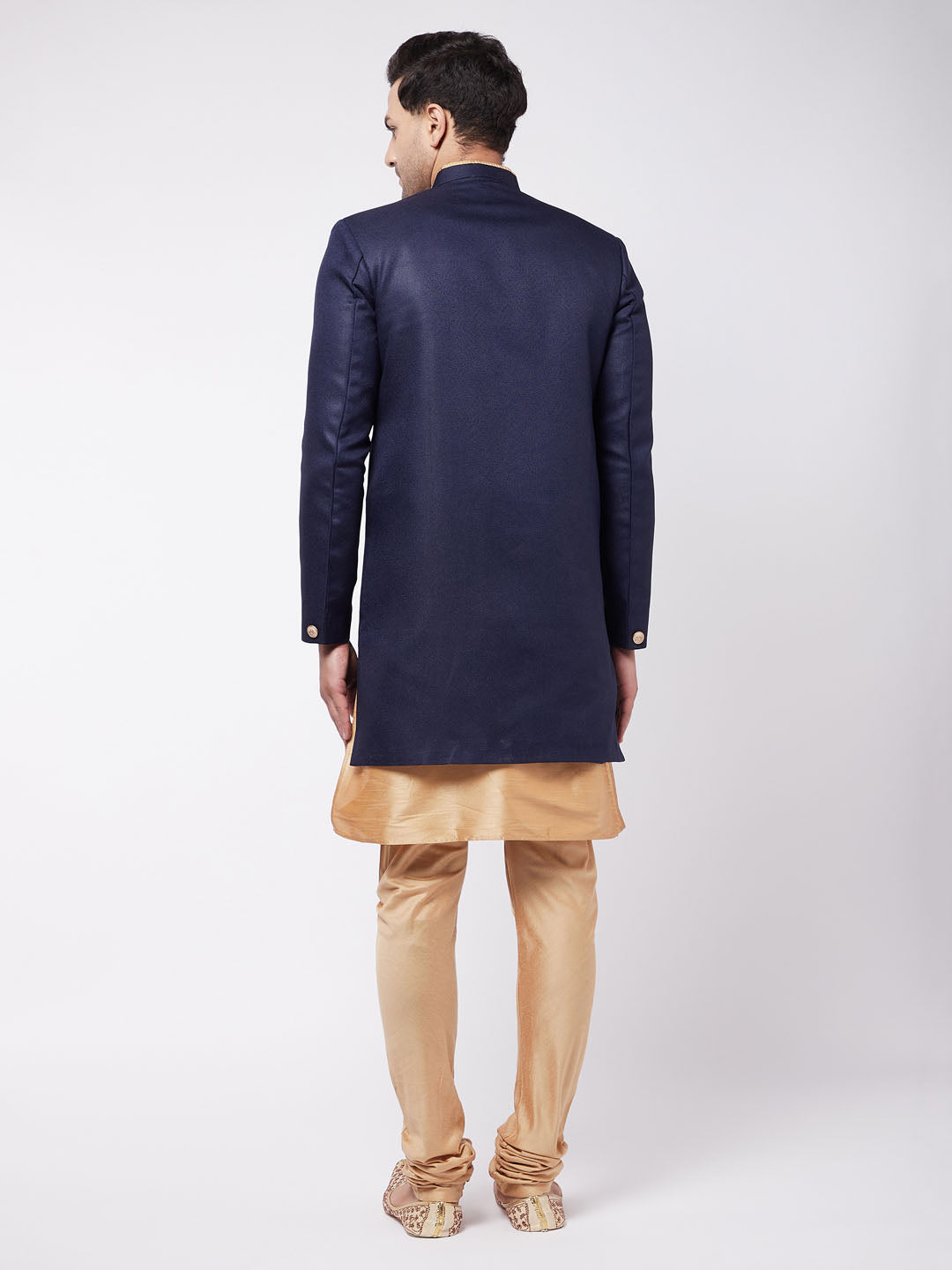 Men's Navy blue Silk Blend Angrakha Sherwani Set