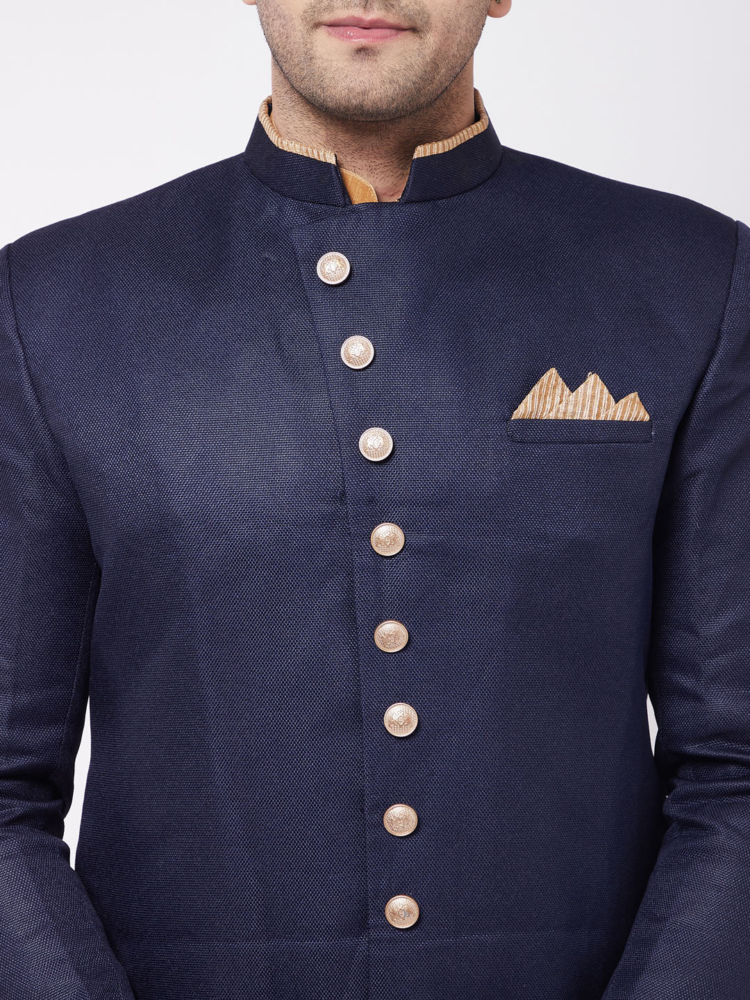 Men's Navy blue Silk Blend Angrakha Sherwani Set