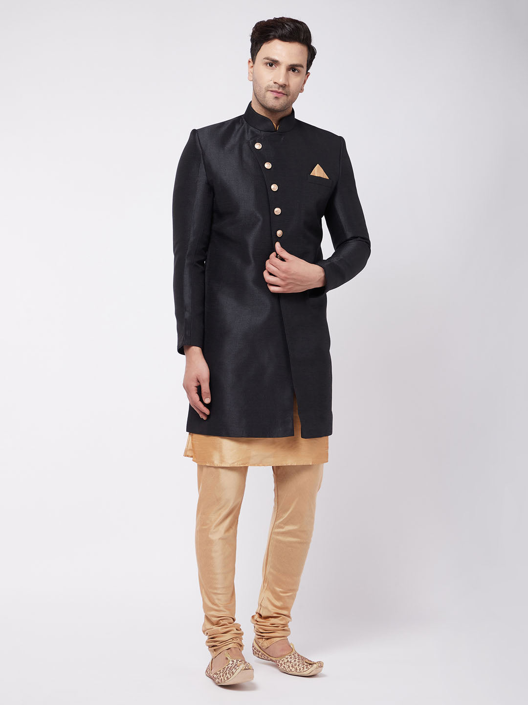 Men's Black Silk Blend Angrakha Sherwani Set