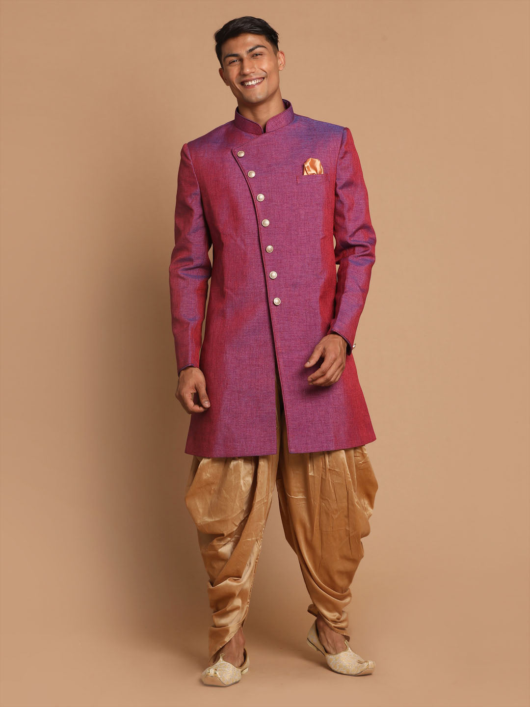 Men's Purple Silk Blend Angrakha Sherwani Set