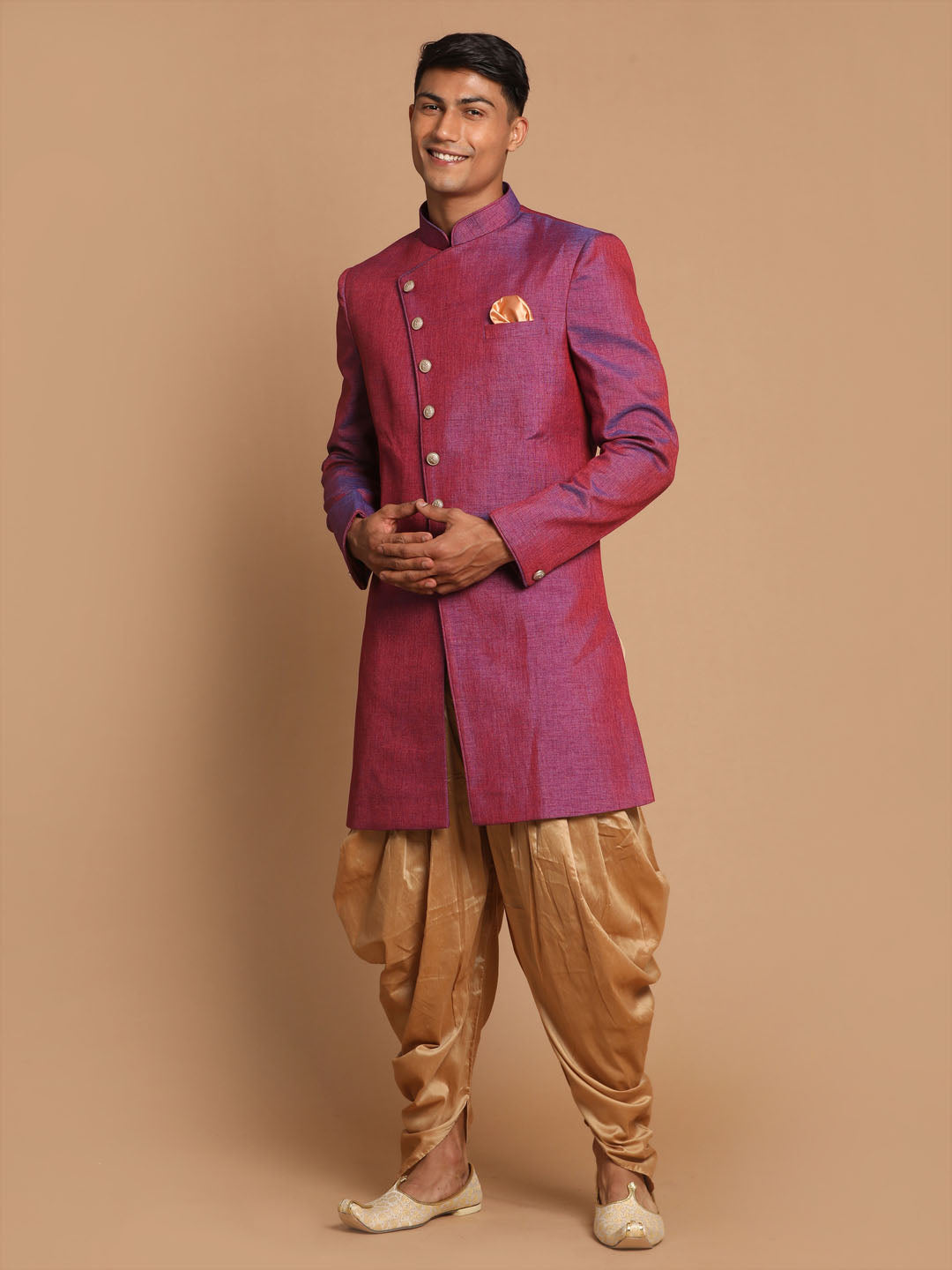Men's Purple Silk Blend Angrakha Sherwani Set
