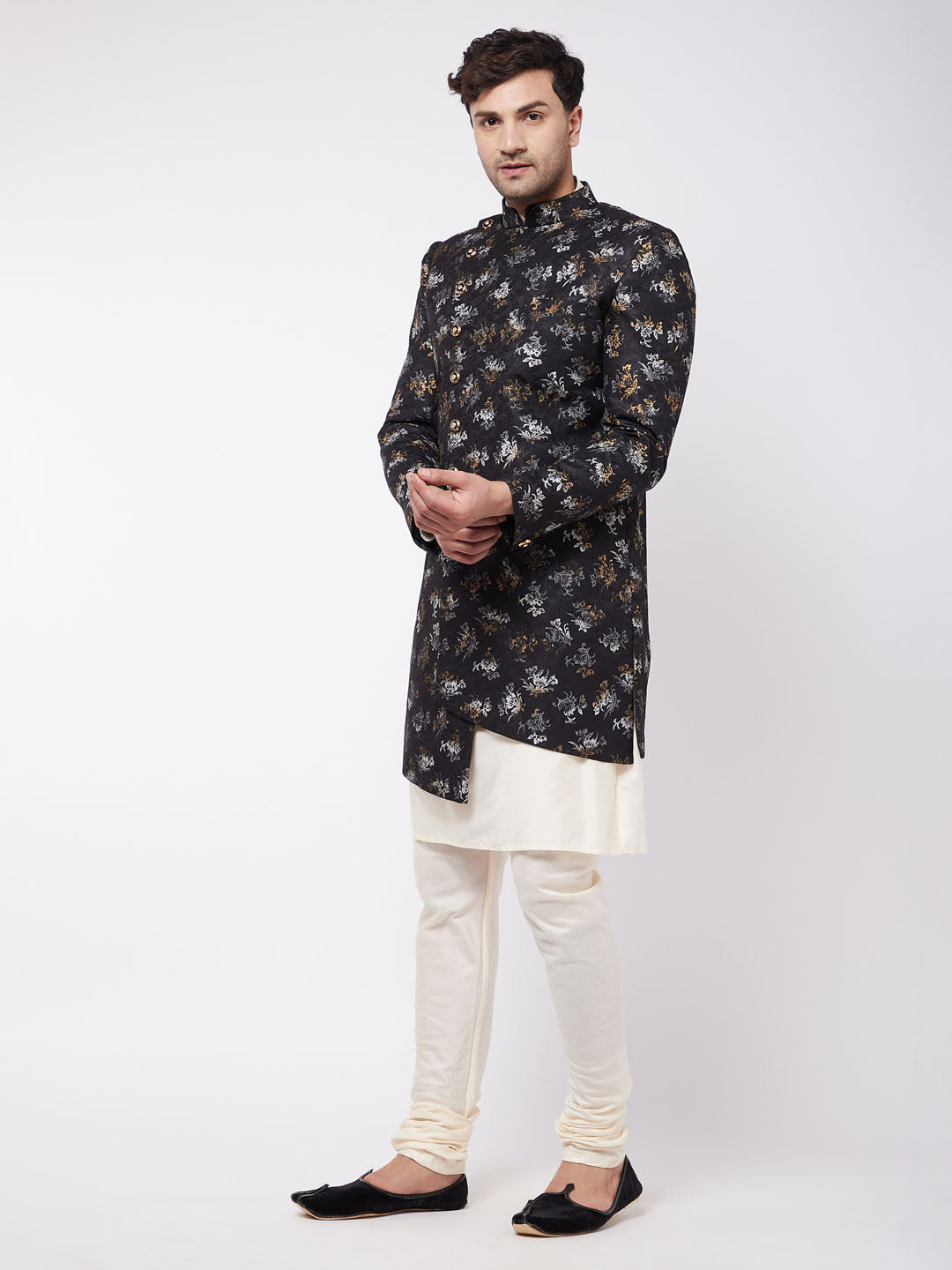 Men's Cream Viscose Asymmetric Sherwani Set