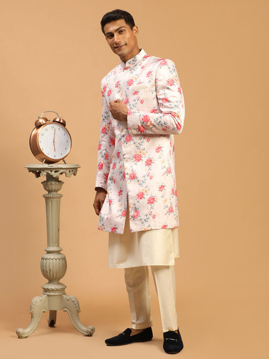 Men's Cream Silk Blend Straight Sherwani Set
