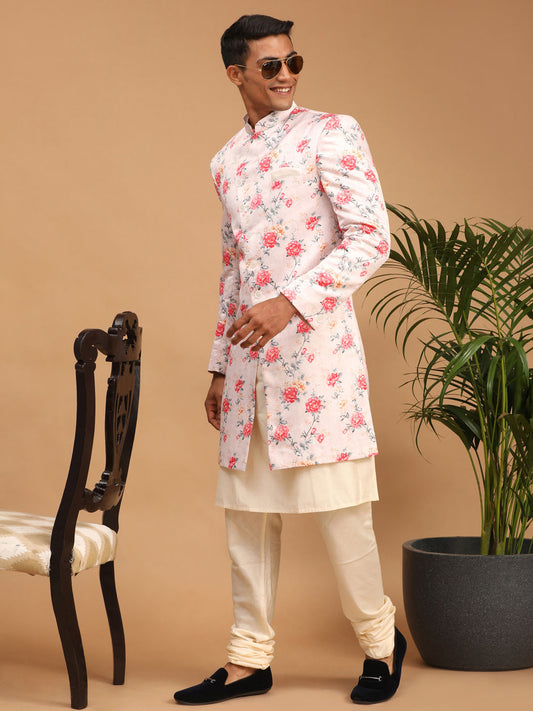 Men's Cream Silk Blend Straight Sherwani Set