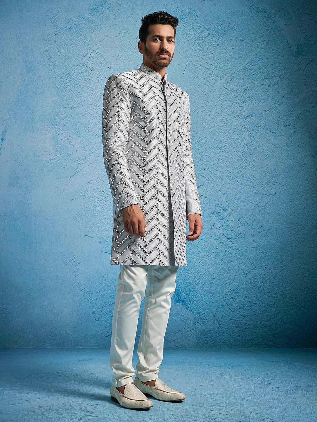 Men's Aqua Aqua Straight Sherwani Set