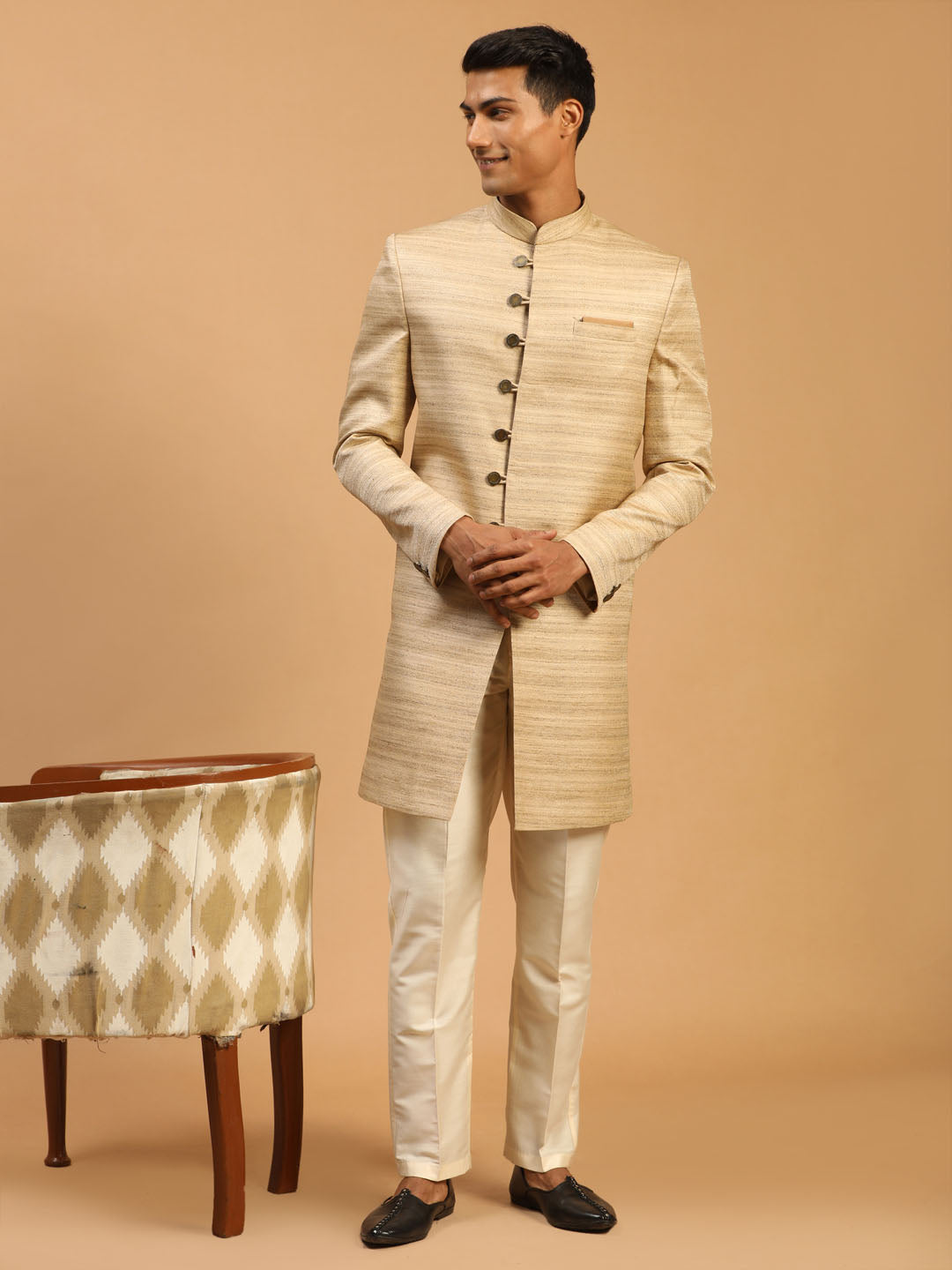 Men's Beige Silk Blend Straight Sherwani Set