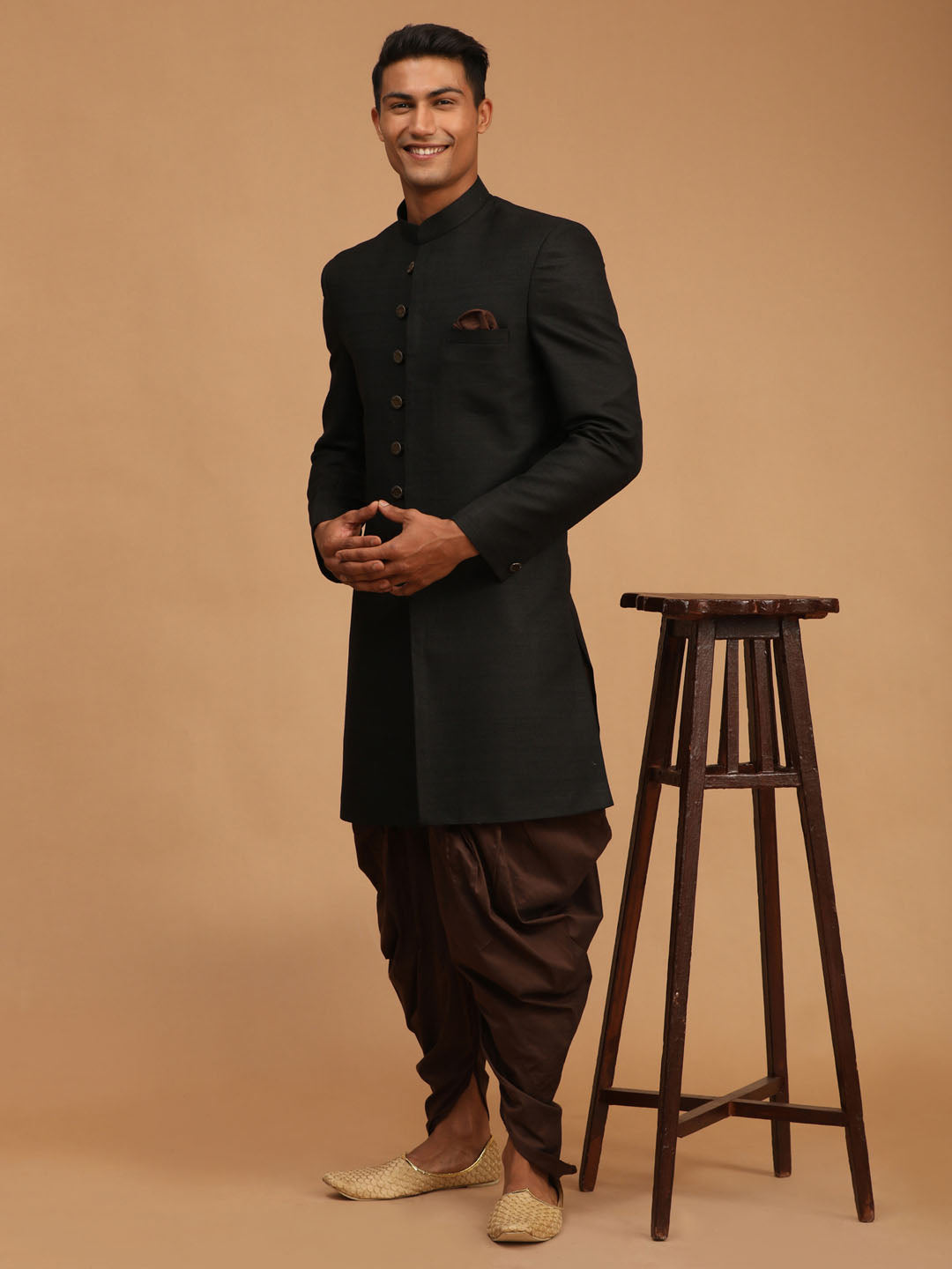 Men's Black Silk Blend Straight Sherwani Set